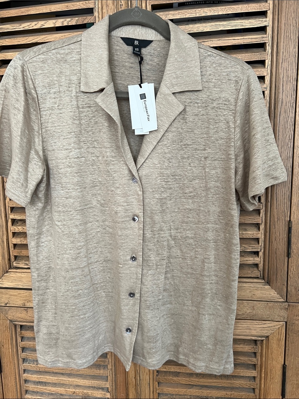 NWT Banana Republic 100% Linen Notch Collar Knit Button Up Shirt Oatmeal Tan XS